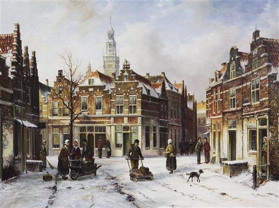 Gert-Jan Veenstra , oil, 19th C Dutch street scene in winter(-)